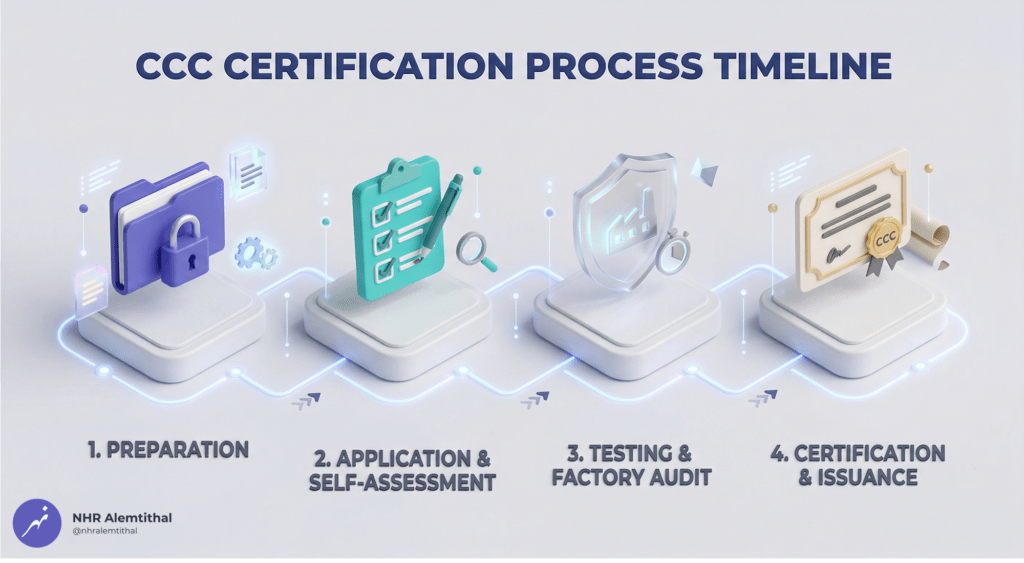 3D isometric step-by-step Saudi Aramco CCC certification process flowchart showing four phases from preparation to certificate issuance.