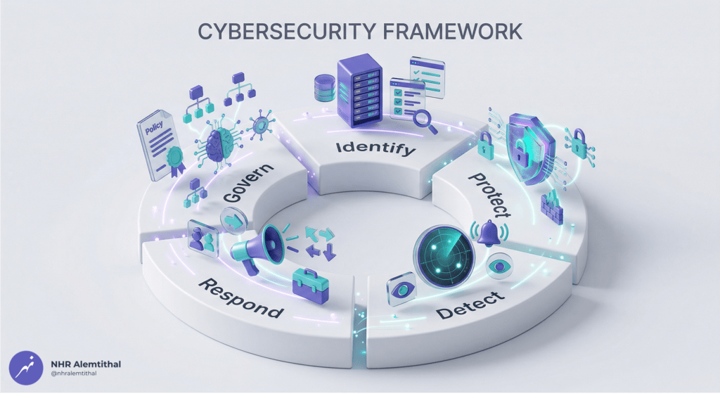 3D SACS-210 cybersecurity control framework diagram showing the 33 controls across Govern, Identify, Protect, Detect, and Respond domains for Aramco CCC certification.