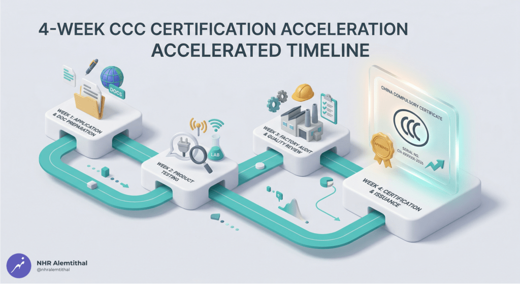 3D four-week timeline infographic showing the Saudi Aramco CCC certification process phases: preparation, self-assessment, audit engagement, and submission.