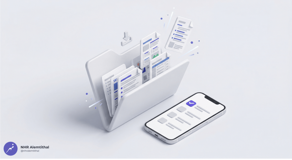 3D isometric view of the SACS-210 Compliance Kit digital download suite, featuring auditor-ready MS Word and Excel templates for Saudi SMEs.