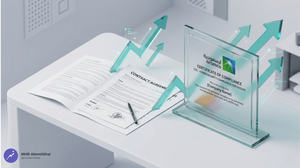 3D isometric illustration showing successful Aramco CCC certification and business growth for Saudi SMEs.