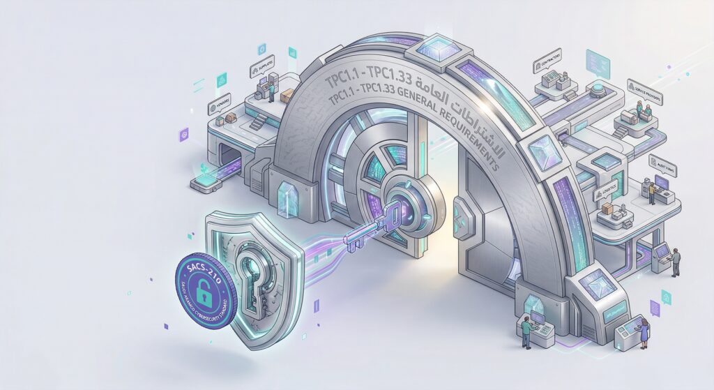 3D illustration of a SACS-210 Compliance Kit unlocking access to Saudi Aramco vendor network.