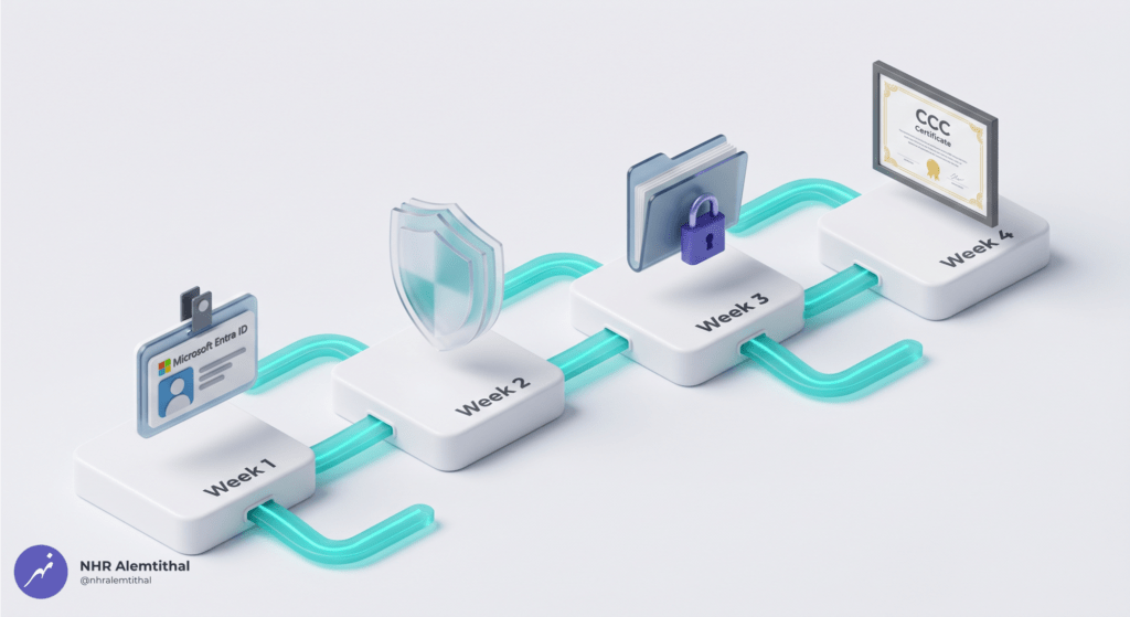 3D four-phase timeline showing the step-by-step implementation of SACS-210 compliance using Microsoft Entra ID and the SACS-210 Compliance Kit.