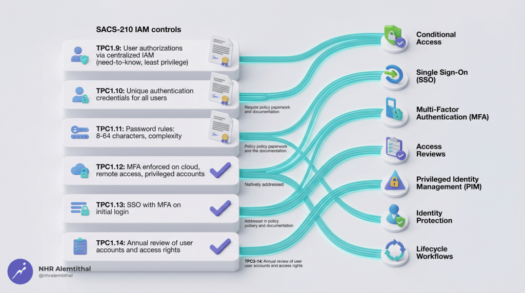 3D isometric illustration mapping Microsoft Entra ID Plan 1 identity management features to SACS-210 control domains for Saudi Aramco CCC certification.