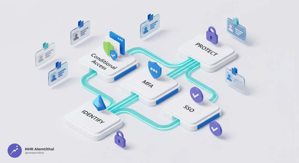 3D mapping visual of SACS-210 cybersecurity controls to Microsoft Entra ID features, highlighting technical execution versus policy documentation.