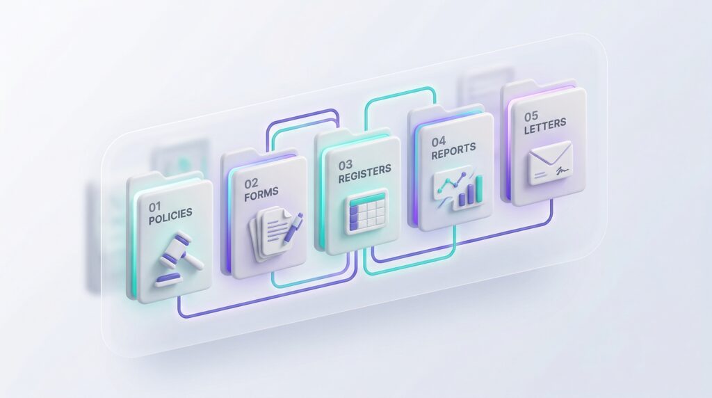 SACS-210 Compliance Kit dashboard showing five structured folders for policies, forms, registers, reports, and official letters.