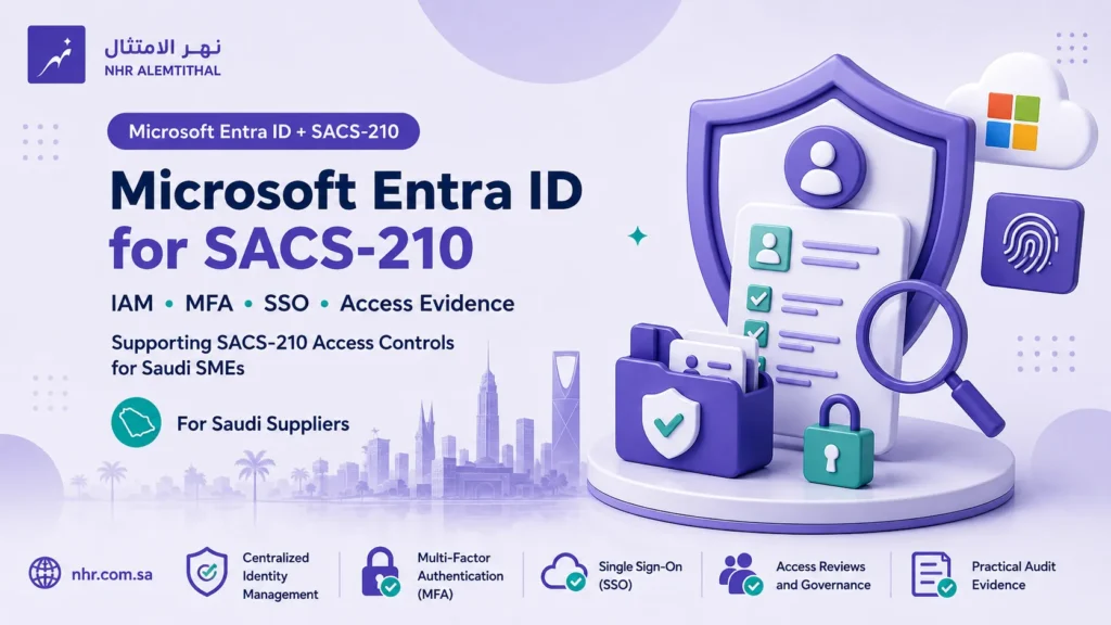 Microsoft Entra ID for SACS-210 access controls including IAM MFA SSO and access evidence for Saudi SMEs