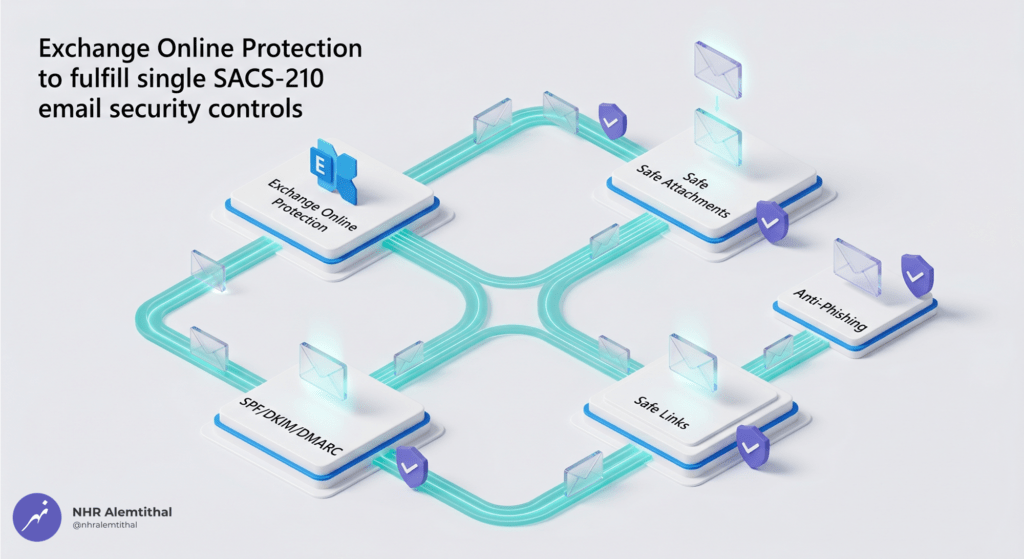 3D isometric illustration mapping Exchange Online and Defender for Office 365 email security features to TPCS control domains for Saudi Aramco CCC certification.