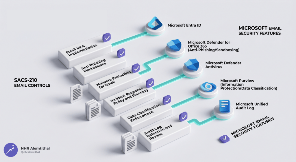 3D mapping visual of TPCS email security controls to Exchange Online and Defender for Office 365 features, highlighting technical execution versus policy documentation.