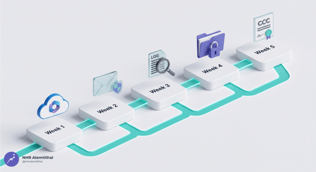 3D five-phase timeline showing the step-by-step implementation of TPCS email security compliance using Microsoft 365 and the TPCS Compliance Kit.
