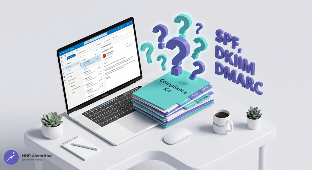 3D FAQ visual showing a modern desk setup to answer CCC certification questions about Exchange Online licensing, DMARC timelines, and TPCS requirements.