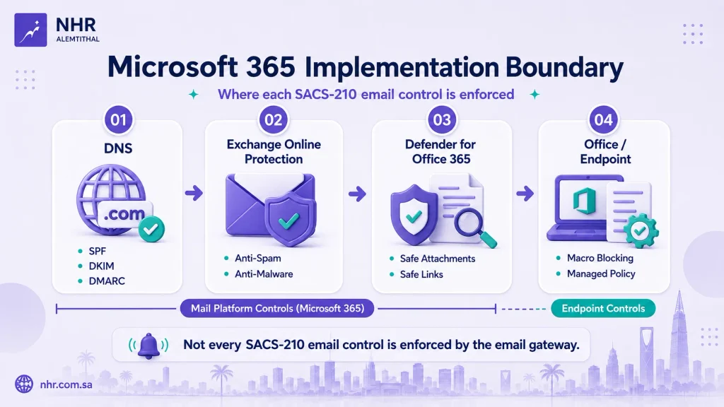 Microsoft 365 implementation boundary for SACS-210 email security across DNS Exchange Online Protection Defender for Office 365 and endpoint macro controls
