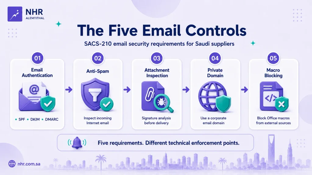 Five SACS-210 email security controls covering SPF DKIM DMARC anti-spam attachment inspection private domains and macro blocking