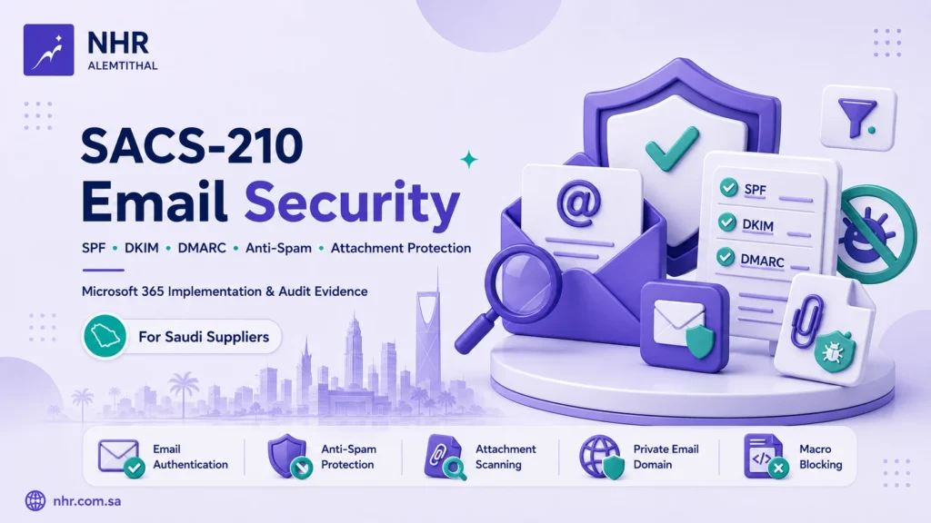 SACS-210 email security guide for Saudi suppliers covering SPF DKIM DMARC anti-spam attachment protection and Microsoft 365