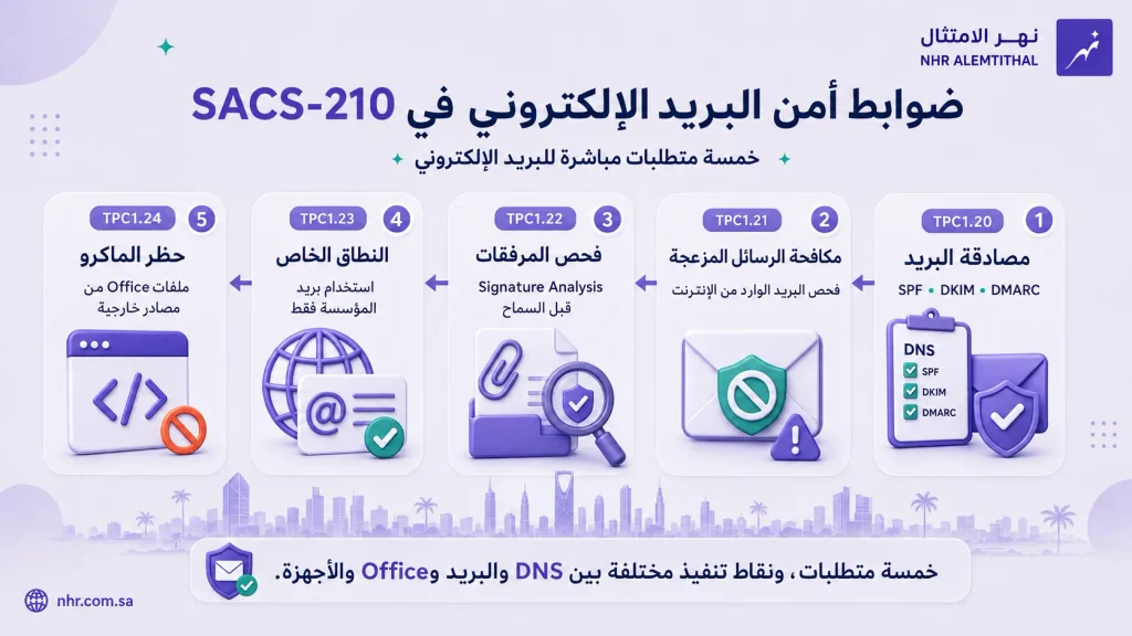 الضوابط الخمسة لأمن البريد الإلكتروني في SACS-210 وتشمل SPF وDKIM وDMARC ومكافحة الرسائل المزعجة وفحص المرفقات والنطاق الخاص وحظر الماكرو