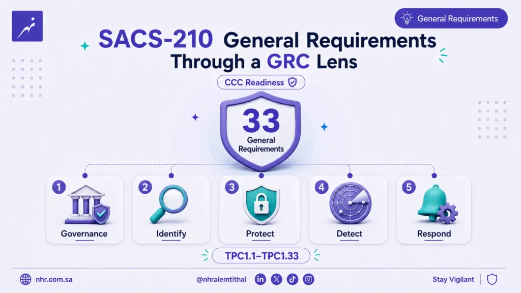 Infographic showing governance, risk and compliance as a management lens for SACS-210 General Requirements TPC1.1 to TPC1.33