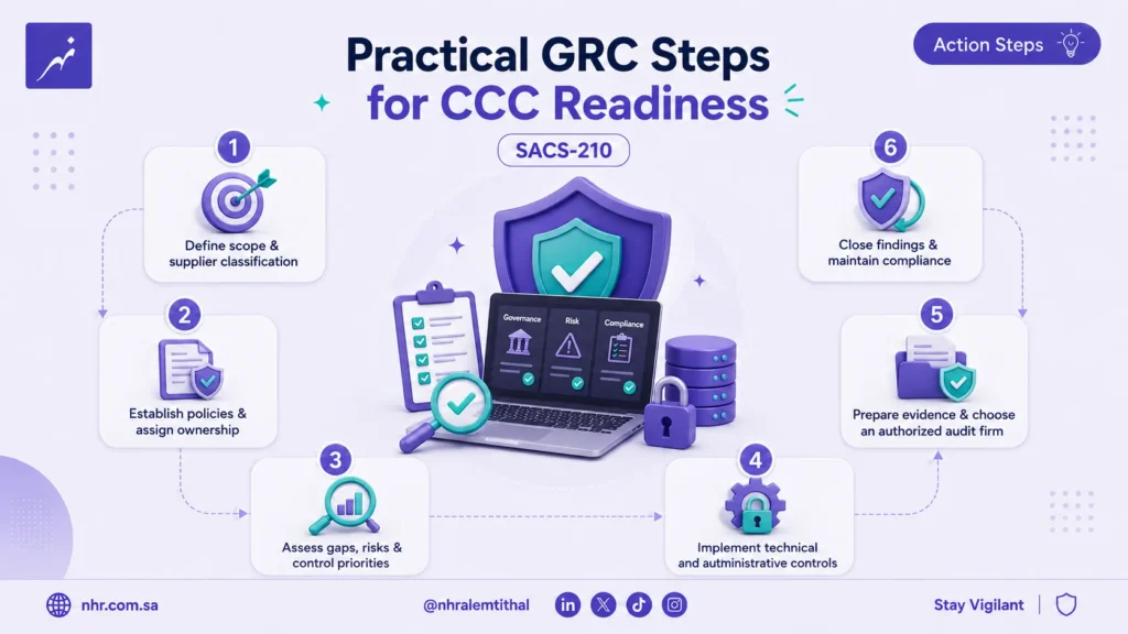 Infographic showing the SACS-210 GRC flow from requirement and owner through documentation, implementation, evidence and review