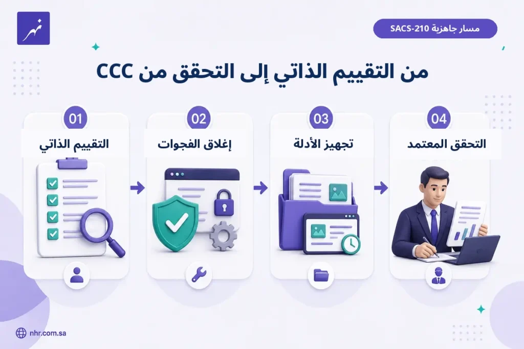 إنفوجرافيك يوضح مسار الجاهزية من التقييم الذاتي وإغلاق الفجوات وتجهيز الأدلة إلى التحقق المعتمد لشهادة CCC