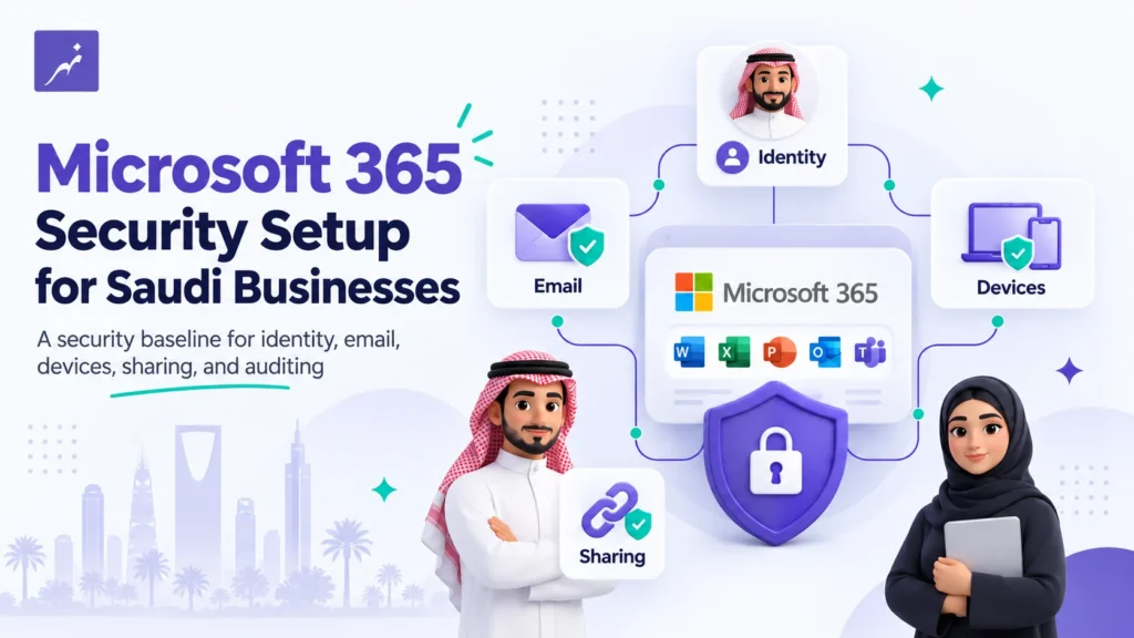 Microsoft 365 environment connecting secure identity, business email, devices, sharing, and auditing for a Saudi business