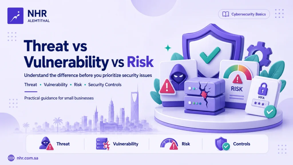 Threat vs vulnerability vs risk in cybersecurity with security controls for small businesses